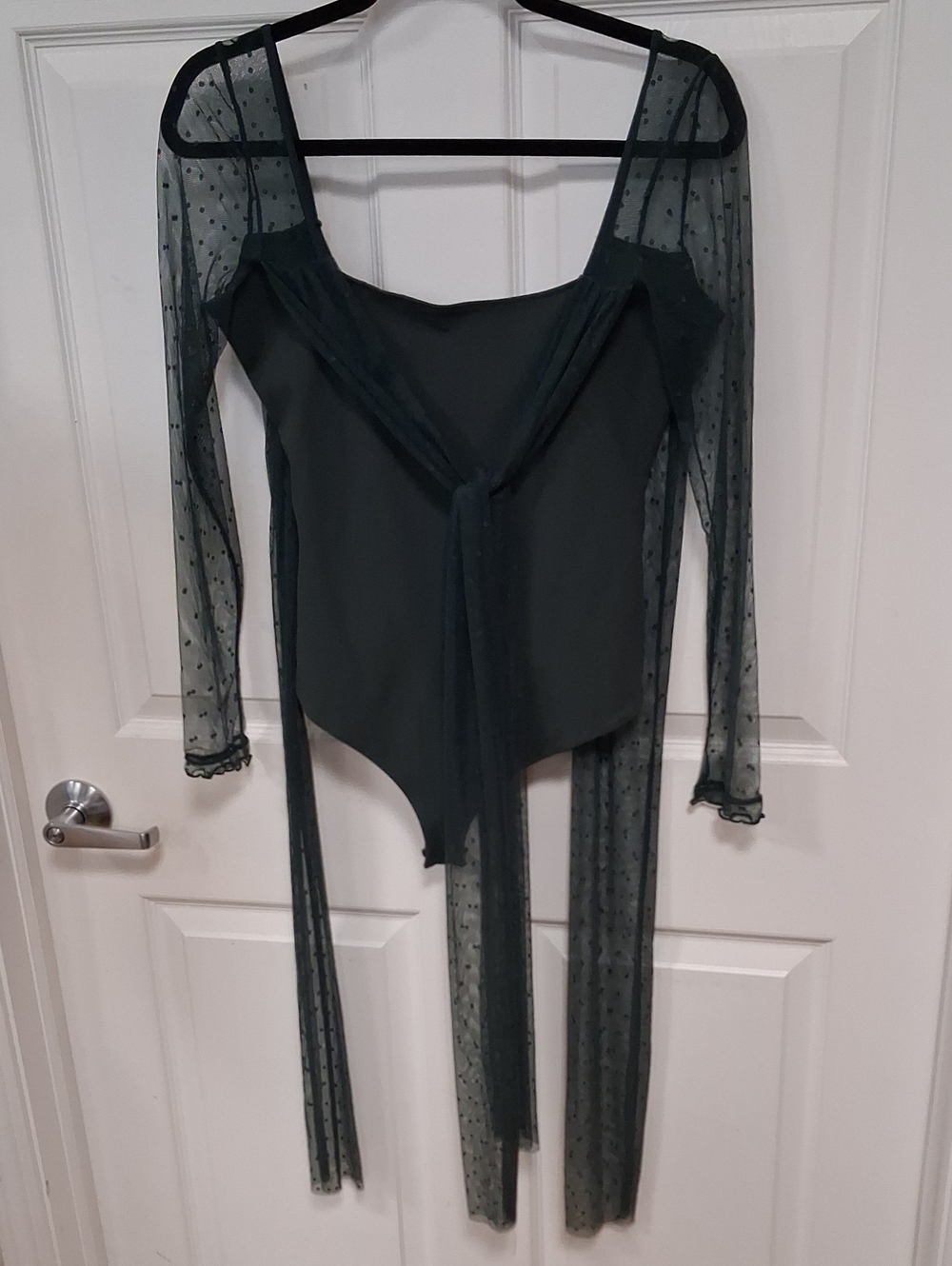 Sheer Mesh Long-Sleeve Dark Teal Bodysuit with Tie Front And Back